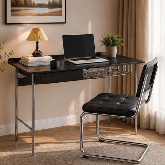 Office Desk | Solid Wood & Stainless Steel | 1-Drawer Storage | Modern Minimalist | Home Office 900
