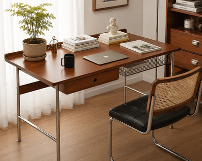 Office Desk | Solid Wood & Stainless Steel | 1-Drawer Storage | Modern Minimalist | Home Office 90