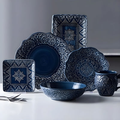 Porcelain Dinnerware Set + Navy Baroque Design + Durable Construction + Elegant Edges 0
