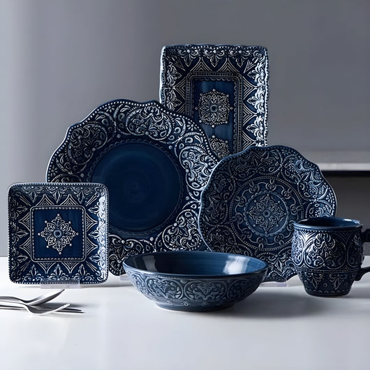 Porcelain Dinnerware Set + Navy Baroque Design + Durable Construction + Elegant Edges 0