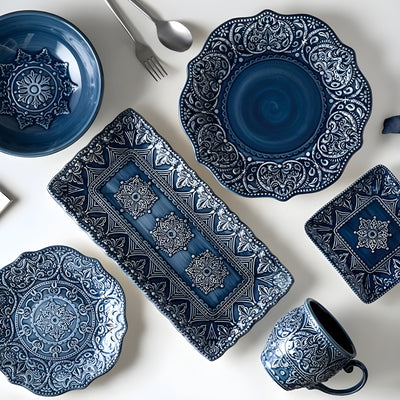 Porcelain Dinnerware Set + Navy Baroque Design + Durable Construction + Elegant Edges 1