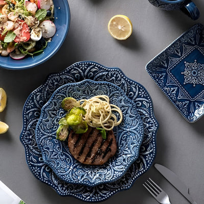 Porcelain Dinnerware Set + Navy Baroque Design + Durable Construction + Elegant Edges 3