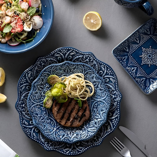 Porcelain Dinnerware Set + Navy Baroque Design + Durable Construction + Elegant Edges 3