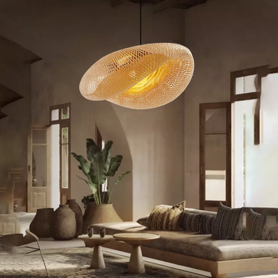 RattanWave | Elegant Organic Woven Rattan Pendant Light Fixture + Bamboo 11