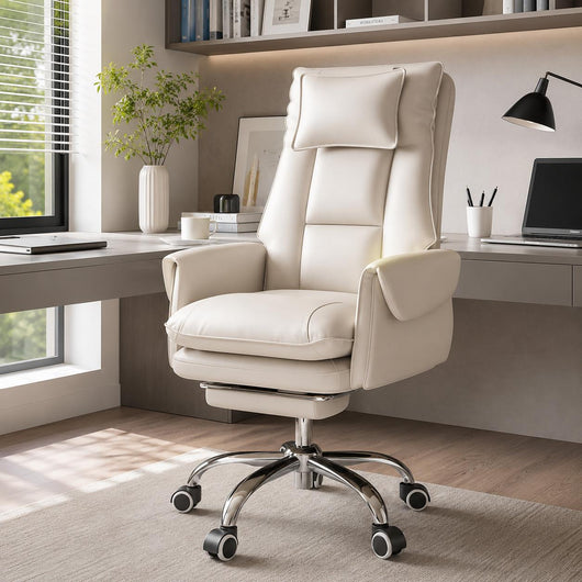 Reclinable Desk Chair | PVC Leather & Aluminum Alloy Frame, Adjustable Height & Footrest | Home Office Comfort 18