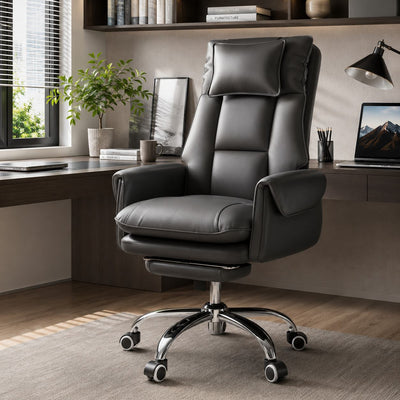 Reclinable Desk Chair | PVC Leather & Aluminum Alloy Frame, Adjustable Height & Footrest | Home Office Comfort 18