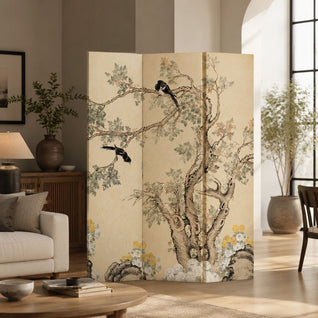 Room Divider Screen | French Style Floral and Bird Motif | Foldable Design | Living Room