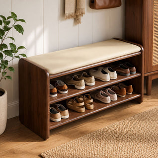 Shoe Storage Bench | Solid Wood & PU Leather | 2-Tier Shoe Rack | Entryway or Living Room
