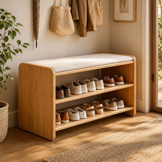 Shoe Storage Bench | Solid Wood & PU Leather | 2-Tier Shoe Rack | Entryway or Living Room