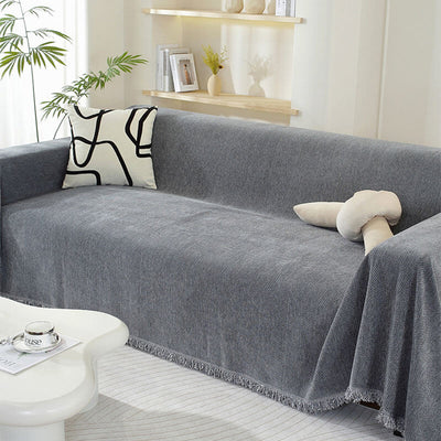 Sofa Cover | Chenille Herringbone Design with Tassels | Elegant Protection for Living Room 2