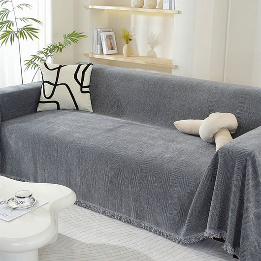 Sofa Cover | Chenille Herringbone Design with Tassels | Elegant Protection for Living Room 2
