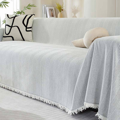 Sofa Cover | Chenille Herringbone Design with Tassels | Elegant Protection for Living Room 6
