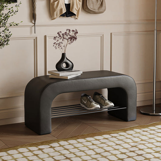Storage Bench with PU Leather & Lambswool | Minimalist Design with 1 Shelf | Entryway Furniture 9