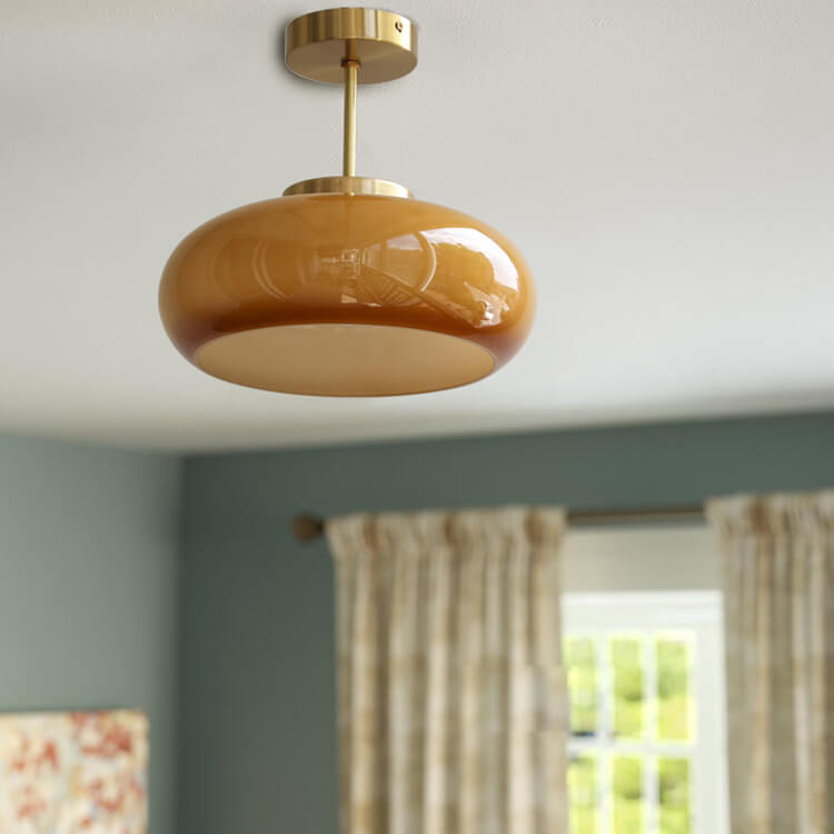Vintage Flush Mount Ceiling Light Brass Finish with Yellow Glass Shade for Living Room Bedroom 0