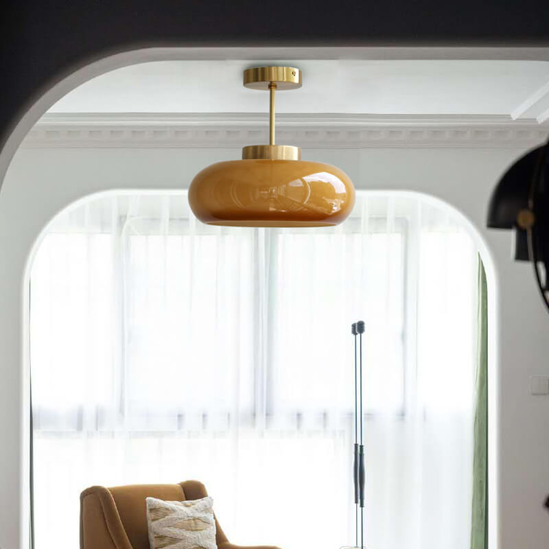 Vintage Flush Mount Ceiling Light Brass Finish with Yellow Glass Shade for Living Room Bedroom 1