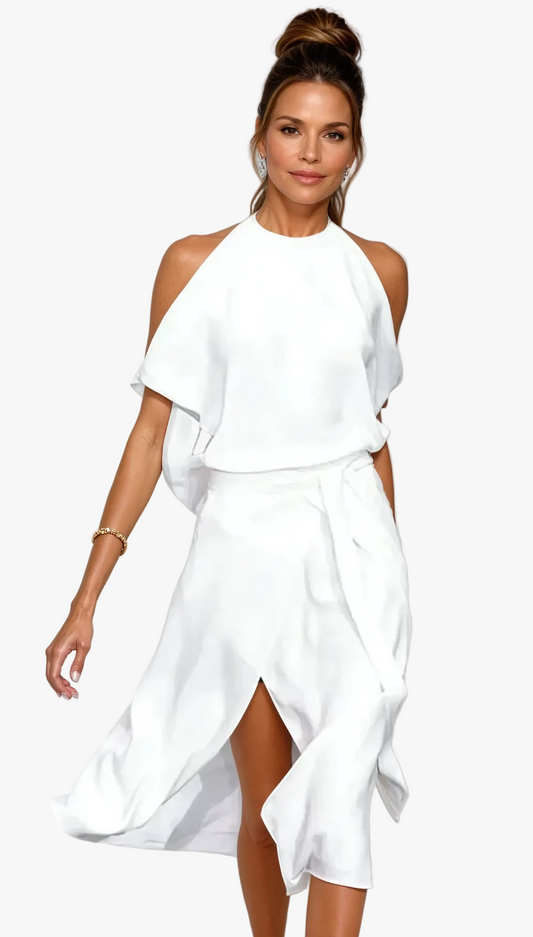 Women's Black Halter Midi Dress Cold Shoulder Layered Woven Evening 0