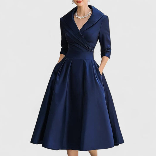 Women's Black Midi Dress V Neck 3/4 Sleeve Flared Soft Fabric Elegant 0
