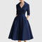 Women's Black Midi Dress V Neck 3/4 Sleeve Flared Soft Fabric Elegant