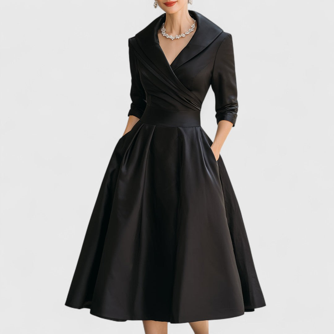Women's Black Midi Dress V Neck 3/4 Sleeve Flared Soft Fabric Elegant 1