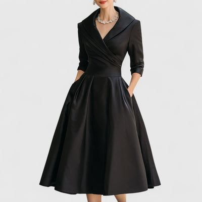 Women's Black Midi Dress V Neck 3/4 Sleeve Flared Soft Fabric Elegant 1