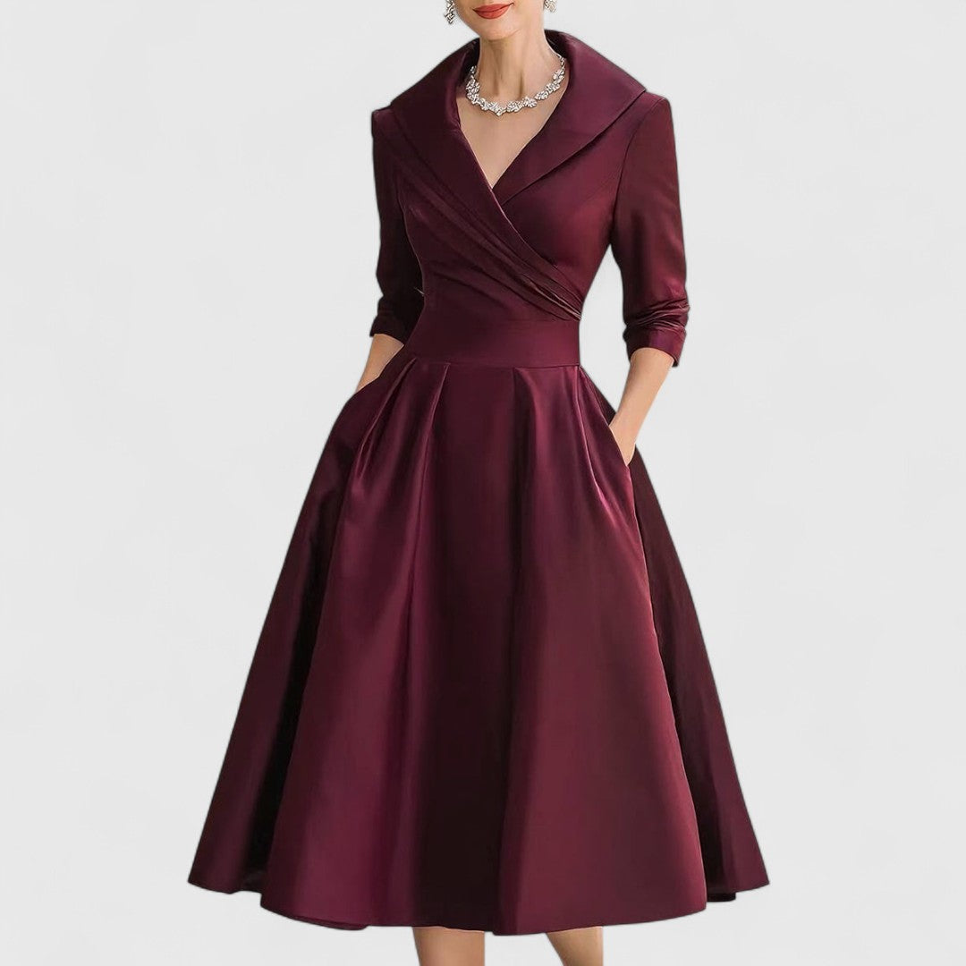 Women's Black Midi Dress V Neck 3/4 Sleeve Flared Soft Fabric Elegant 2