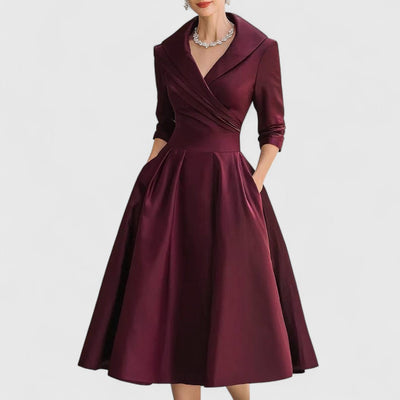 Women's Black Midi Dress V Neck 3/4 Sleeve Flared Soft Fabric Elegant 2