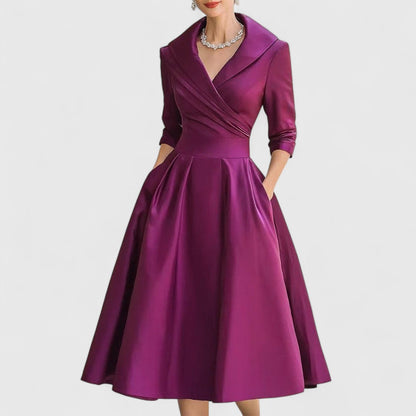 Women's Black Midi Dress V Neck 3/4 Sleeve Flared Soft Fabric Elegant 3