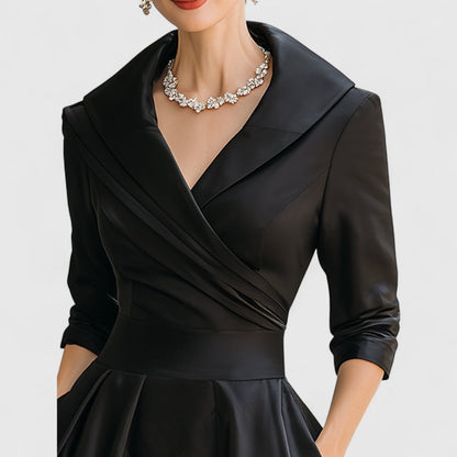 Women's Black Midi Dress V Neck 3/4 Sleeve Flared Soft Fabric Elegant 5