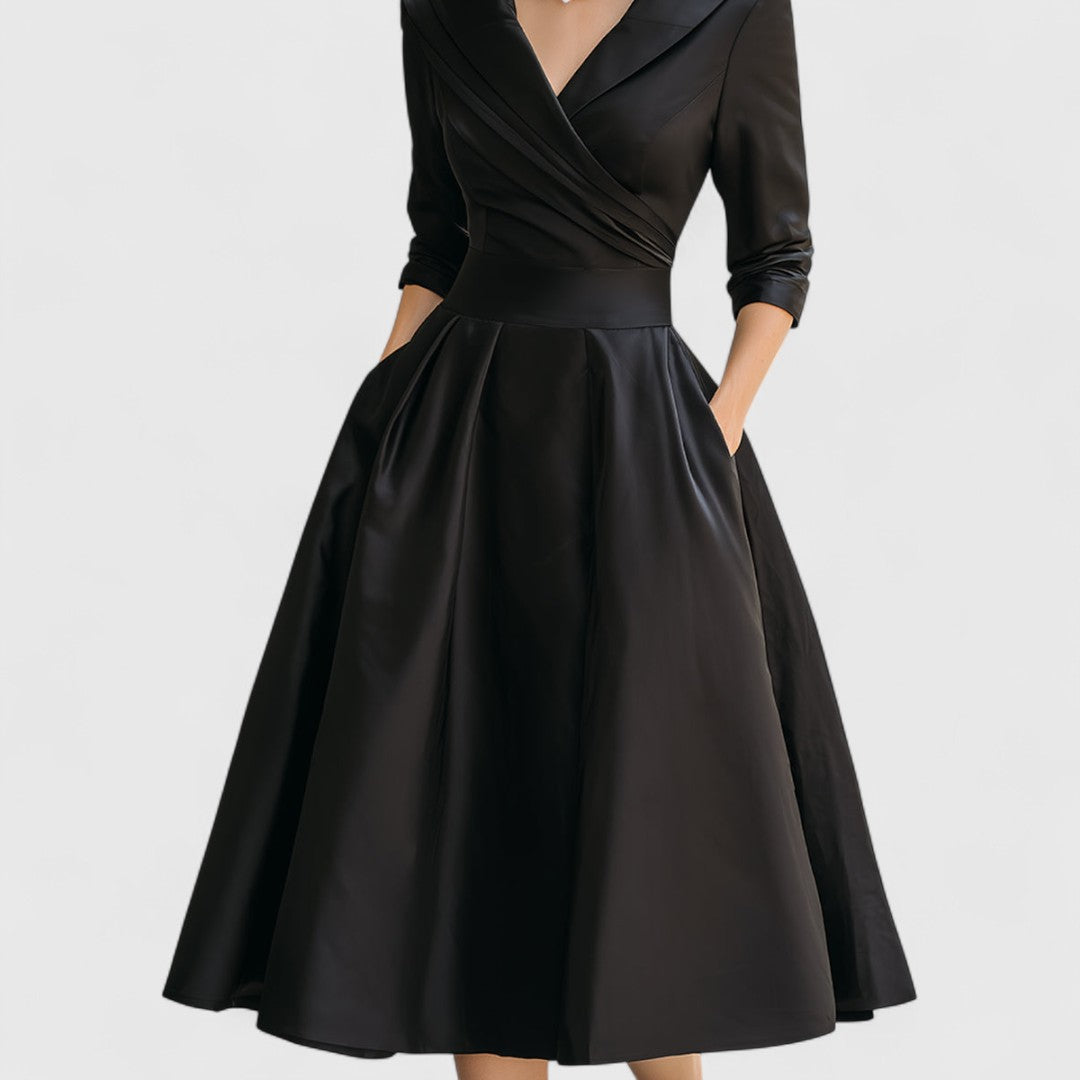 Women's Black Midi Dress V Neck 3/4 Sleeve Flared Soft Fabric Elegant 6