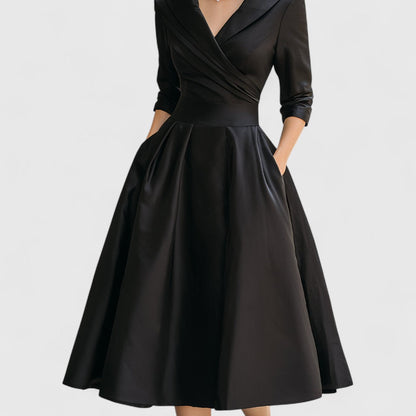 Women's Black Midi Dress V Neck 3/4 Sleeve Flared Soft Fabric Elegant 6