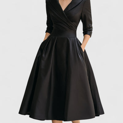 Women's Black Midi Dress V Neck 3/4 Sleeve Flared Soft Fabric Elegant 6