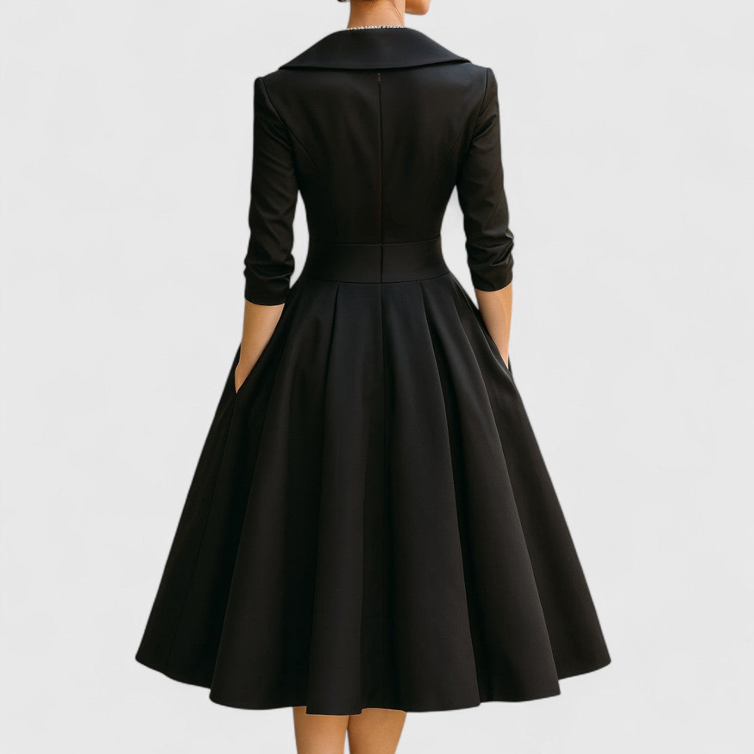Women's Black Midi Dress V Neck 3/4 Sleeve Flared Soft Fabric Elegant 7