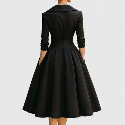 Women's Black Midi Dress V Neck 3/4 Sleeve Flared Soft Fabric Elegant 7