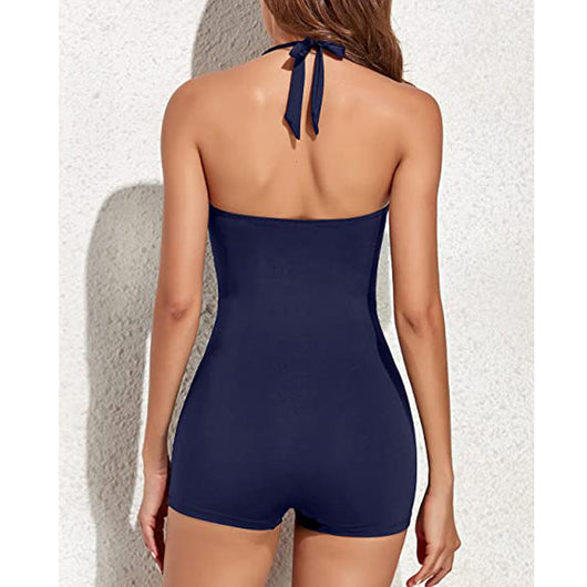 Women's Boyleg One-Piece Swimsuit Polyester Spandex Full Coverage Black 5