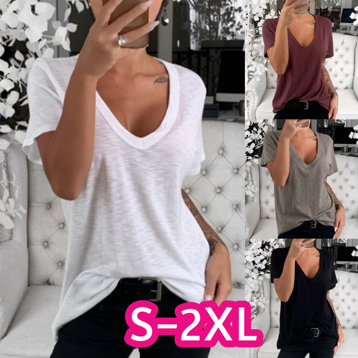 Women's Casual V Neck T Shirt Loose Fit Soft Fabric Everyday Wear 2
