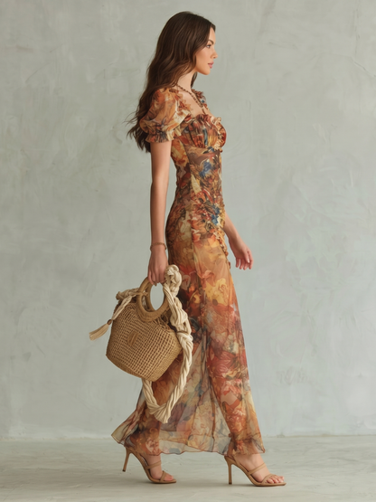 Women's Elegant Midi Dress Lightweight Ruffled Sleeve Front Slit Casual Summer 1