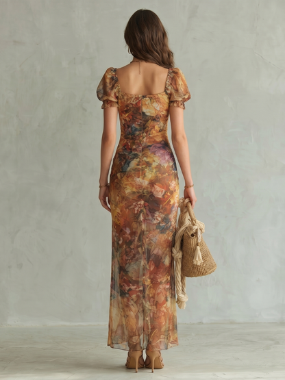 Women's Elegant Midi Dress Lightweight Ruffled Sleeve Front Slit Casual Summer 3