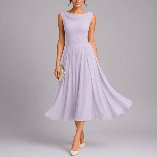 Women's Elegant Pleated Midi Dress Draped Neckline Lightweight Evening Wear 0