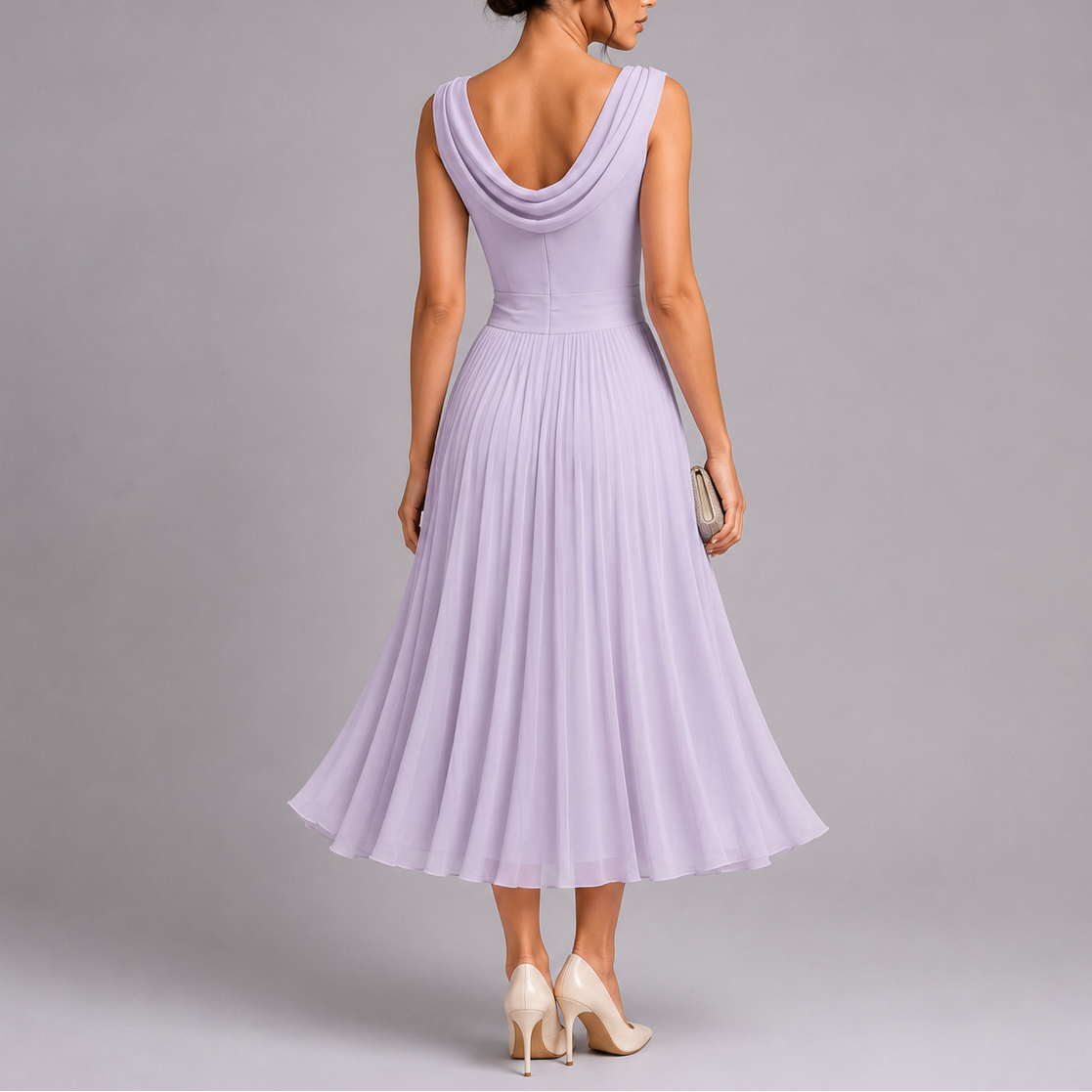 Women's Elegant Pleated Midi Dress Draped Neckline Lightweight Evening Wear 1