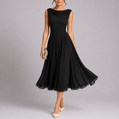 Women's Elegant Pleated Midi Dress Draped Neckline Lightweight Evening Wear 2