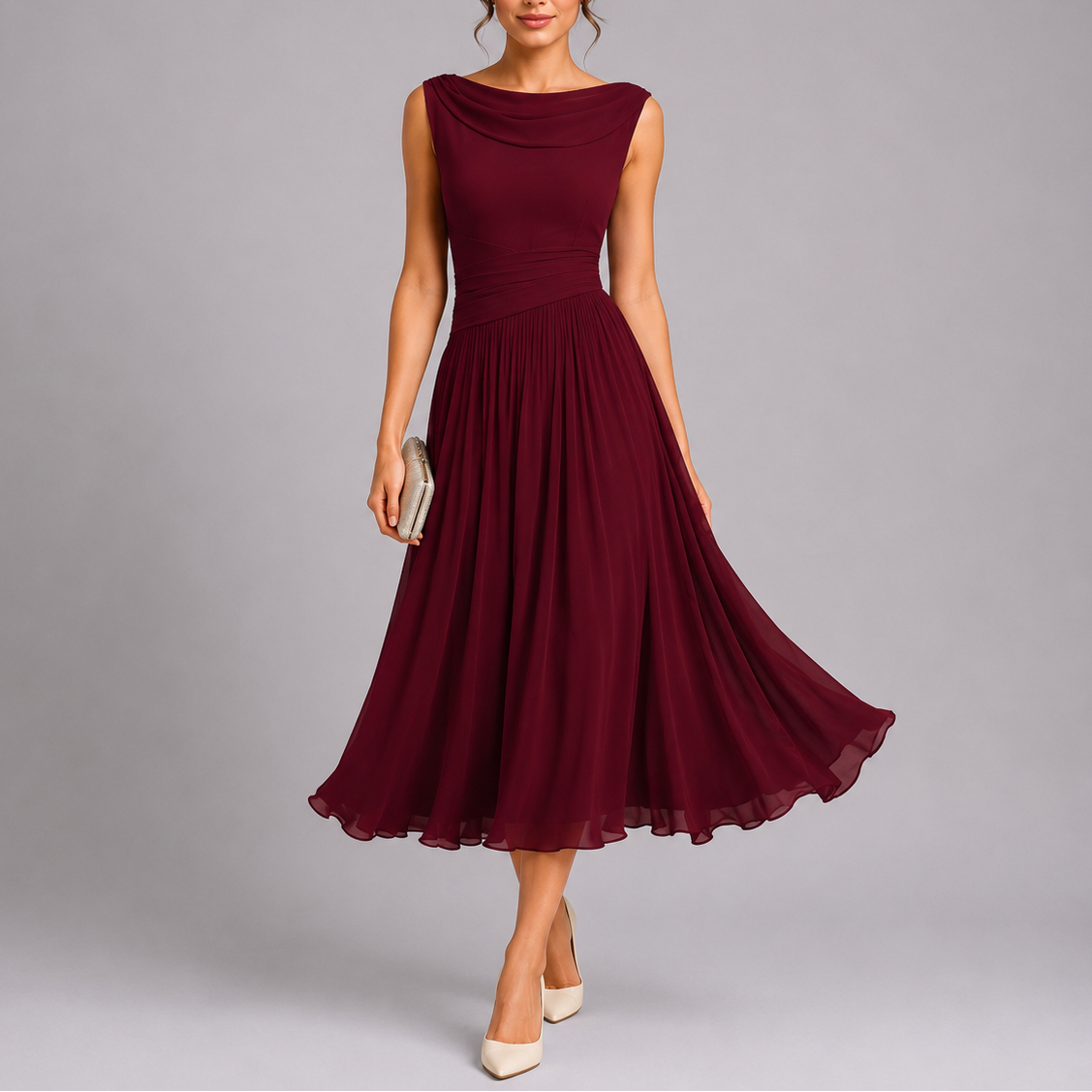 Women's Elegant Pleated Midi Dress Draped Neckline Lightweight Evening Wear 3