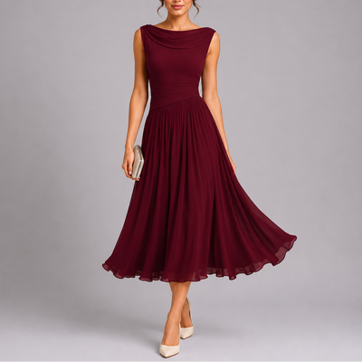 Women's Elegant Pleated Midi Dress Draped Neckline Lightweight Evening Wear 3