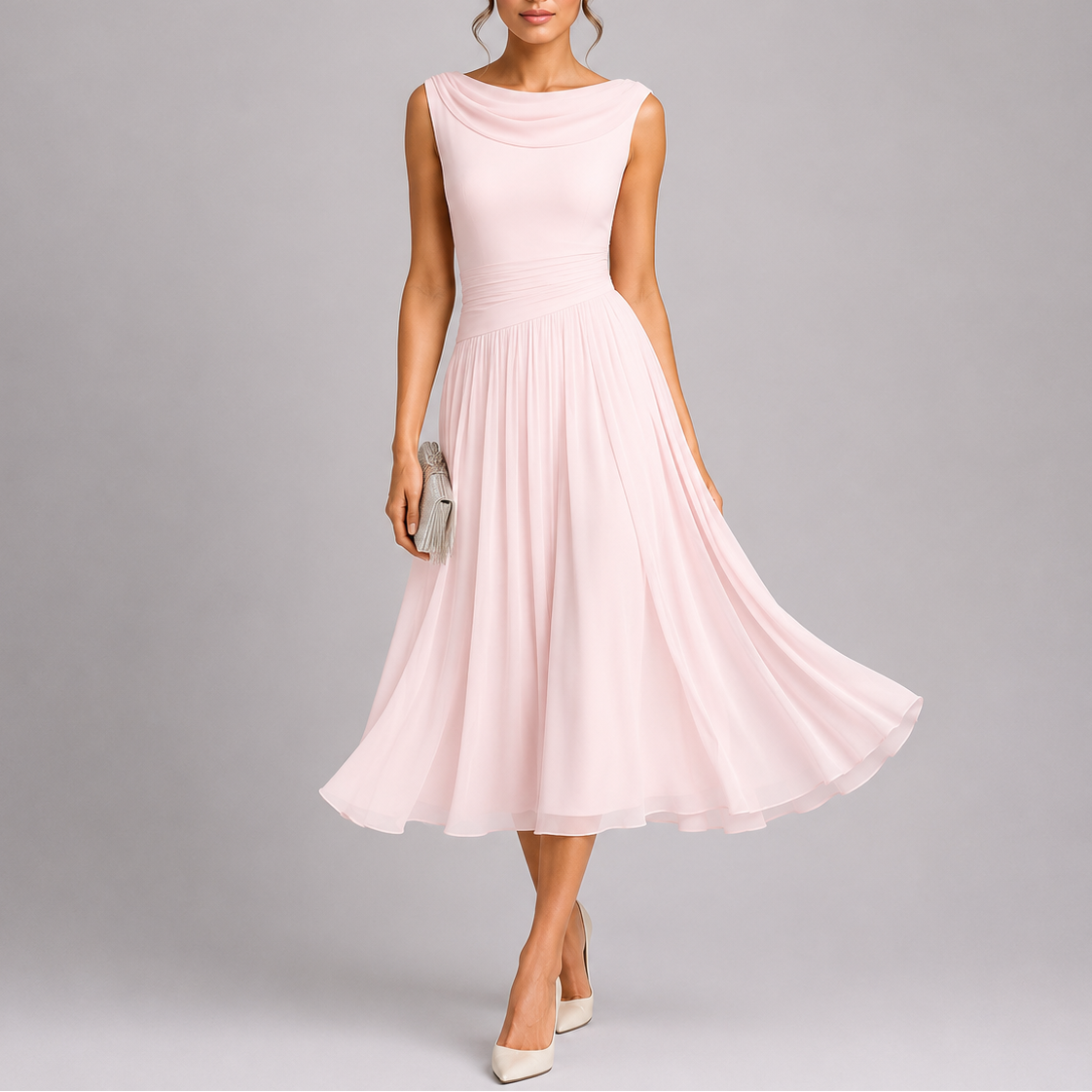 Women's Elegant Pleated Midi Dress Draped Neckline Lightweight Evening Wear 4