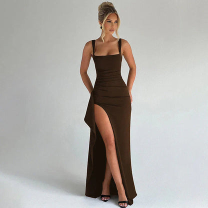 Women's Fitted Black Maxi Dress Square Neck High Slit Smooth Fabric Formal 6