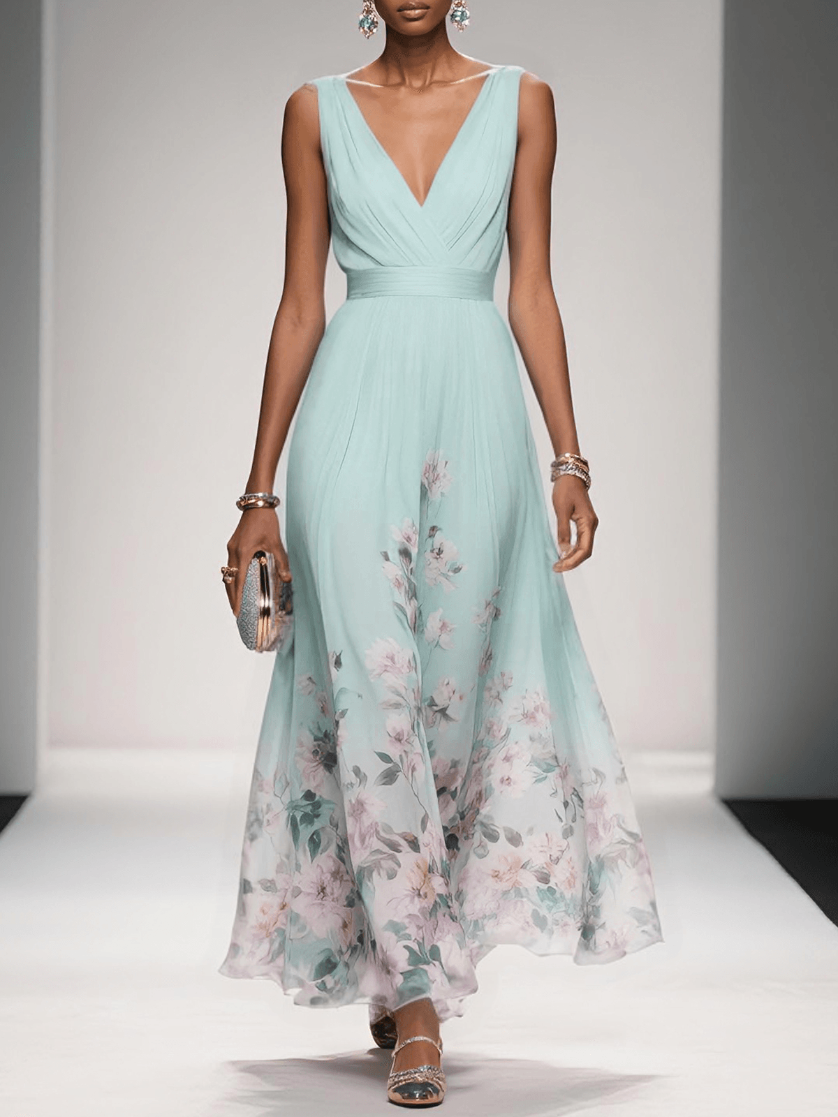 Women's Floral Maxi Dress A-Line Chiffon Pink Summer Wedding Guest 3