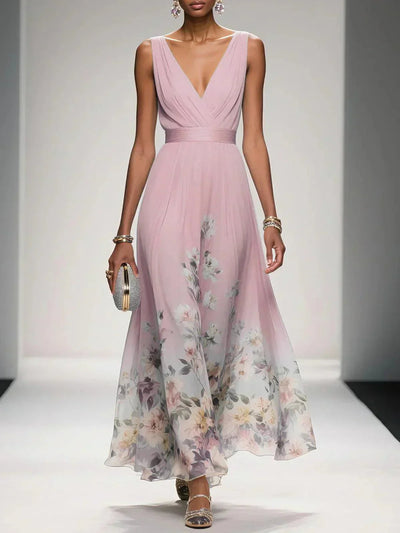 Women's Floral Maxi Dress A-Line Chiffon Pink Summer Wedding Guest 4