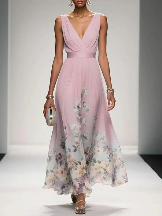 Women's Floral Maxi Dress A-Line Chiffon Pink Summer Wedding Guest 4