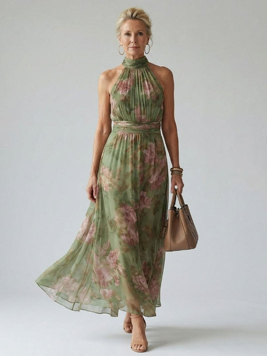 Women's Floral Midi Dress Lightweight Halter Summer Casual 0