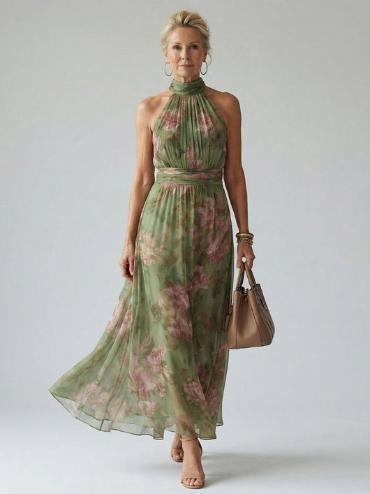 Women's Floral Midi Dress Lightweight Halter Summer Casual 0