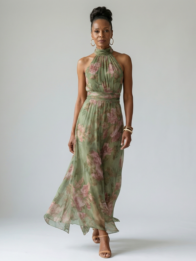 Women's Floral Midi Dress Lightweight Halter Summer Casual 4